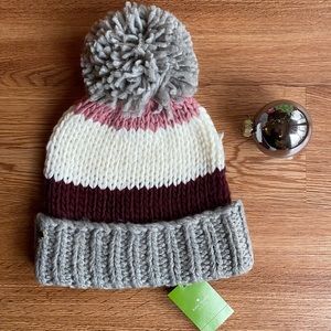 NWT Kate Spade hat Pom Pom knit striped cranberry, cream, rose, pewter